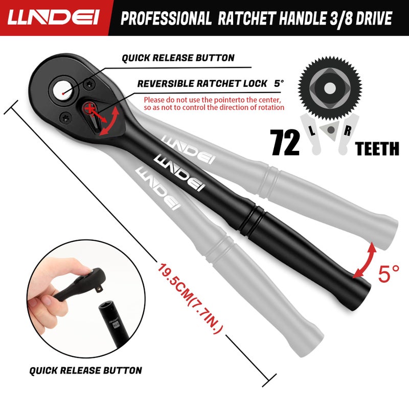 LLNDEI 3/8?rive Impact Socket Set Standard SAE(5/16 to 3/4-Inch) Metric Size(8-22mm)  95 Piece  CR-V Steel Deep&Shallow Kit  Adapters  Ratchet Handle  Screwdriver Bit Set  Spark Plug Socket  6 Point - Image 5